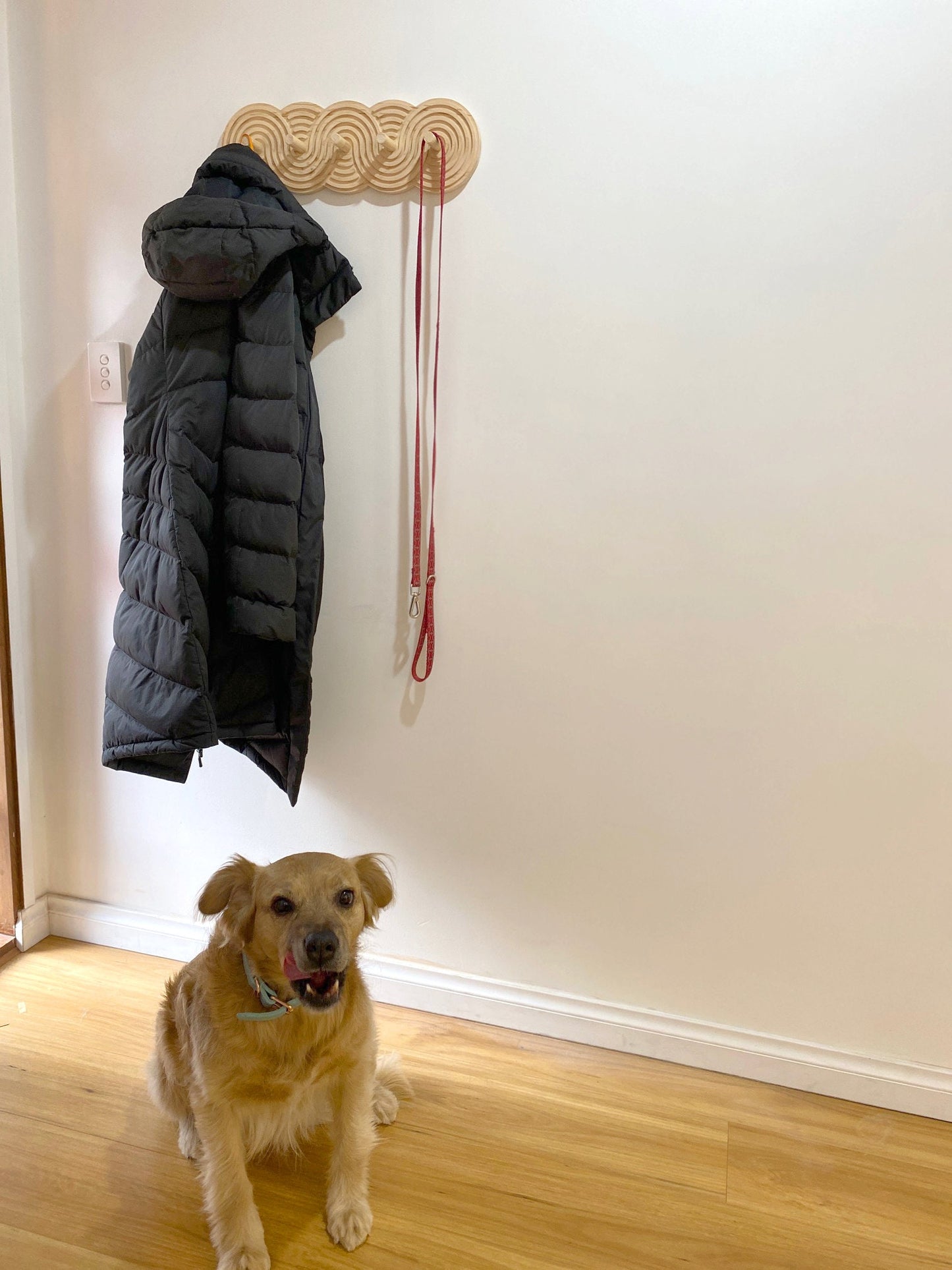 Wooden coat rack with a unique swirling, spiral design holding a black puffer coat and a red dog leash. The coat rack is mounted on a white wall. A tan-coloured dog is sitting on a wooden floor below the rack.
